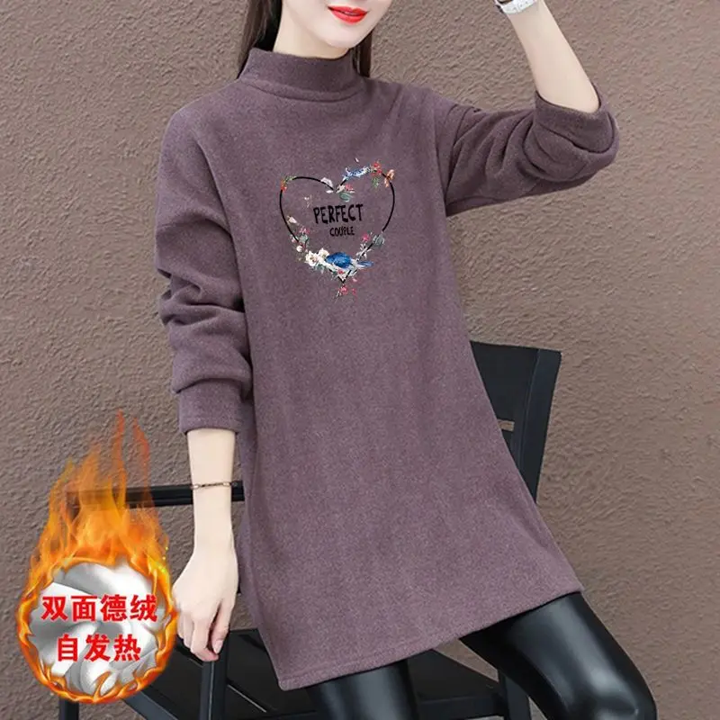 

2023 Autumn/Winter Half High Collar Long Sleeve Underlay Shirt Women's Mid Length Underlay Top Loose and Plush Thickened T-shirt