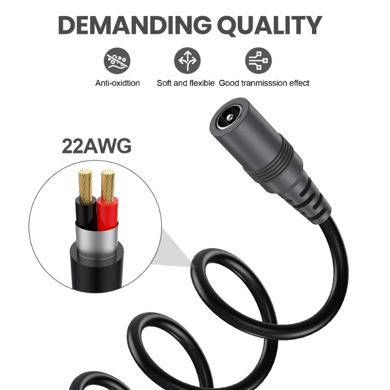 22awg Dc5521 Power Extension Cable Led Light Security Monitoring Camera Dc5.5x2.1mm Male And Female Power Cord Female To