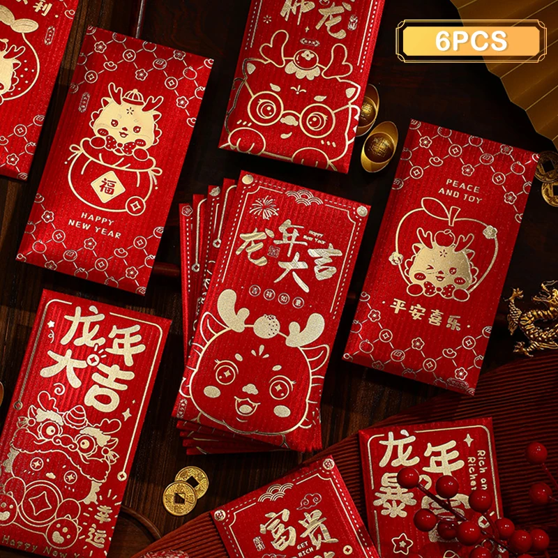 

6PCS 2024 Spring Festival Red Envelopes The Year Of Dragon Luck Money Envelopes Lucky Money Pocket Chinese New Year Supplies