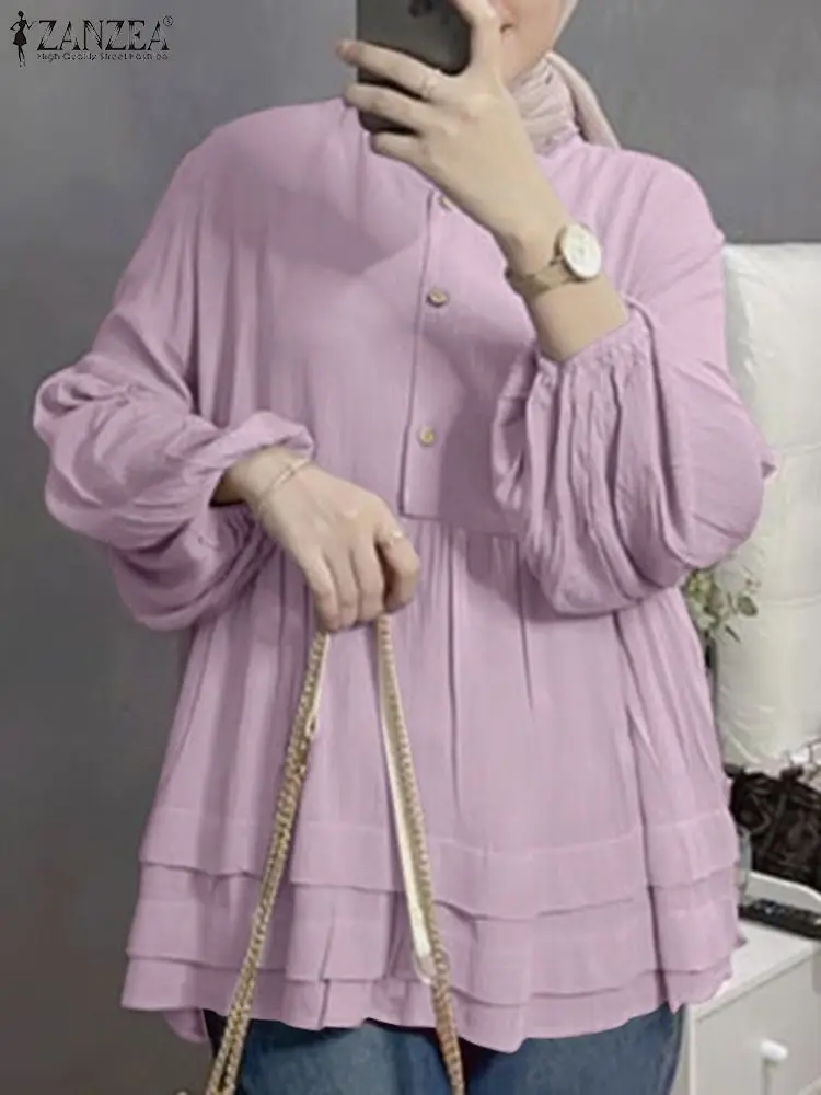 

2023 ZANZEA Fashion Party Work Shirt Women Elegant Long Sleeve Solid Blouse Autumn Casual Loose Tunic Tops Muslim Turkey Blusas