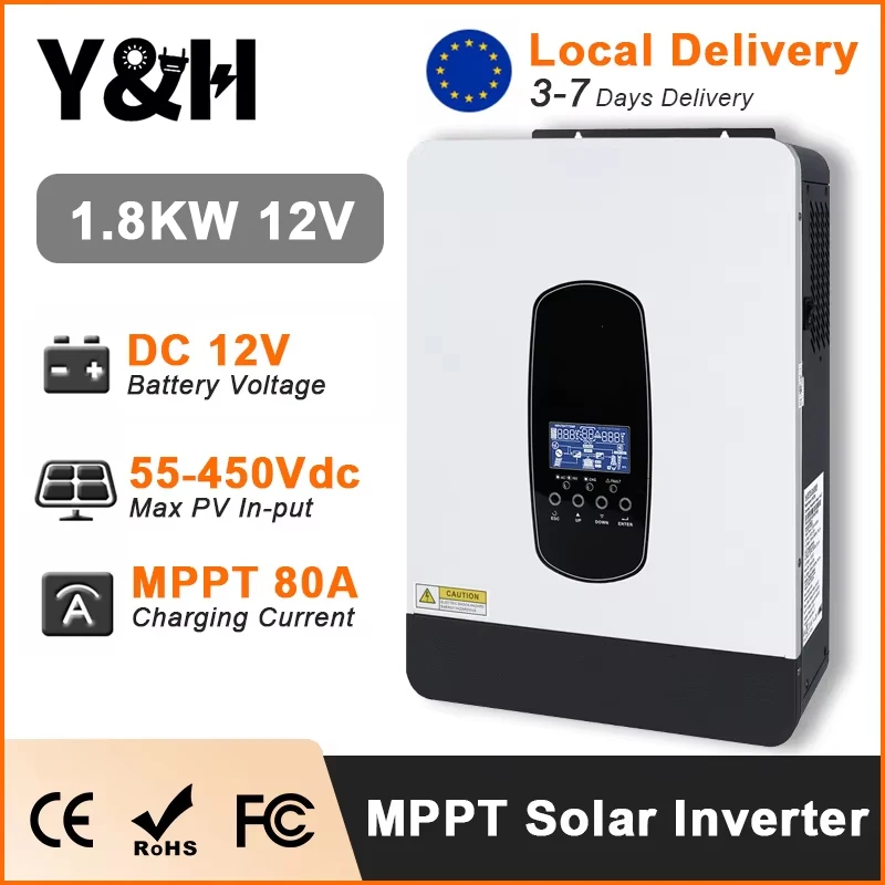 อินเวอร์เตอร์ไฮบริดพลังงานแสงอาทิตย์ Y&H 1.8KW 3KW 12V 24V 220V อินเวอร์เตอร์คลื่นไซน์บริสุทธิ์ พร้อมตัวควบคุมการชาร์จพลังงานแสงอาทิตย์ MPPT 80A อินเวอร์เตอร์แบบออฟกริด 1