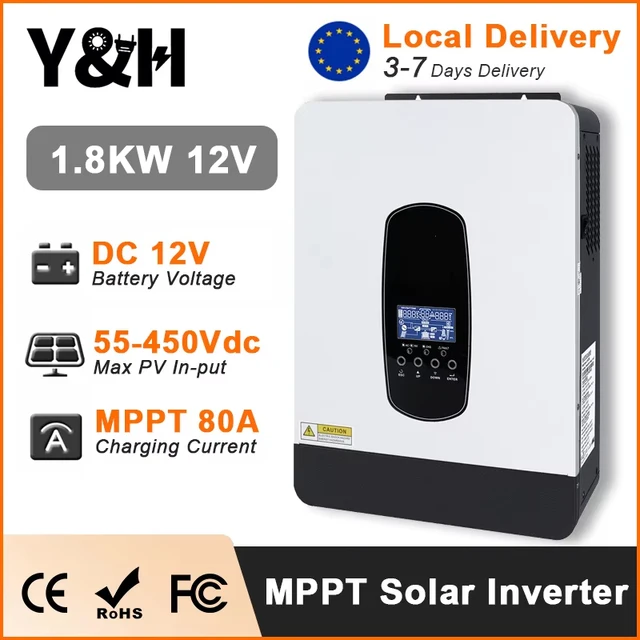 อินเวอร์เตอร์ไฮบริดพลังงานแสงอาทิตย์ Y&H 1.8KW 3KW 12V 24V 220V อินเวอร์เตอร์คลื่นไซน์บริสุทธิ์ พร้อมตัวควบคุมการชาร์จพลังงานแสงอาทิตย์ MPPT 80A อินเวอร์เตอร์แบบออฟกริด 1