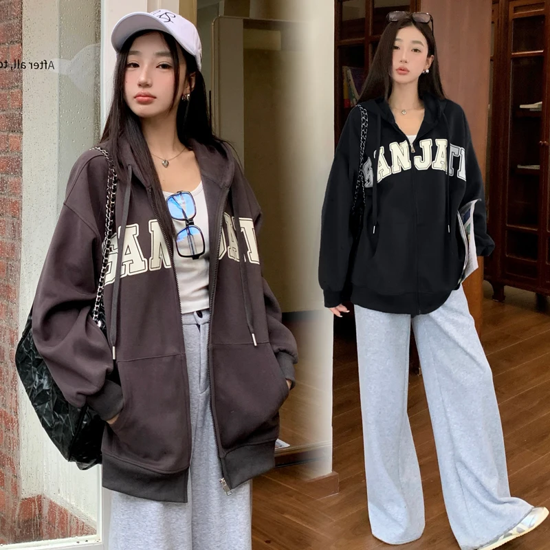 Autumn and Winter Pregnant Women's Cardigans with Hats Letters Casual Loose Oversized Jackets