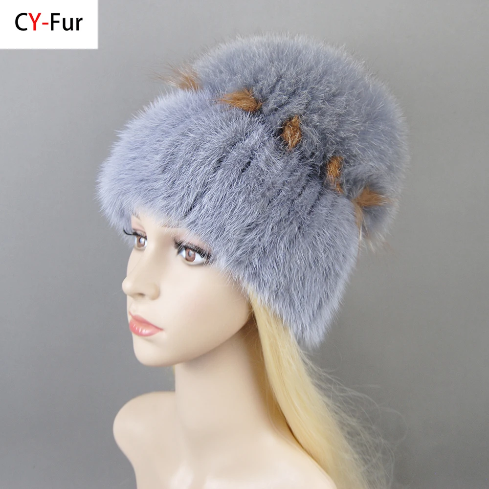 

Fashion Real Mink Fur Hat For Winter Women Imported Knitted Mink Cap With Fox Fur New Hot Sale High Quality Women Beanies Hat