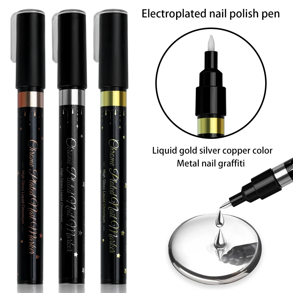 Nail Liner Brush Mark Paint Lines Stripe Painting Flower Pen Nail Art Manicure Metal Pen， Waterproof Reflective Gloss Chrome Pen 3