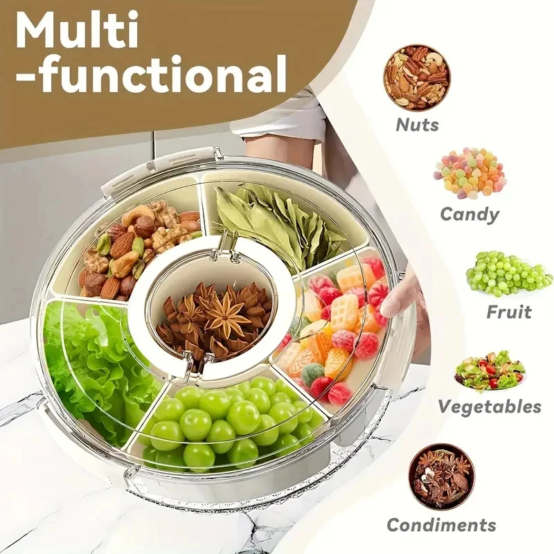 Round/Square Multi Compartment Fruit Tray Snack Box with Lid Handle for Home Organization Clear Divided Rotating Serving Tray