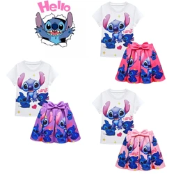 2024 Cartoon Girls Stitch Dress Clothing Sets Children Top and Bottom Girl Clothes Kids Floral Pleated Skirt + T Shirt Outfit