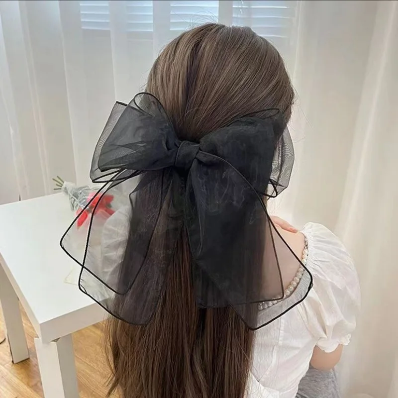 New Black Sweet Mesh Thin Gauze Big Bow Hair Claw Clip Women Bow Spring Clip Headwear Accessories Hair Clips Hairbows for Girls