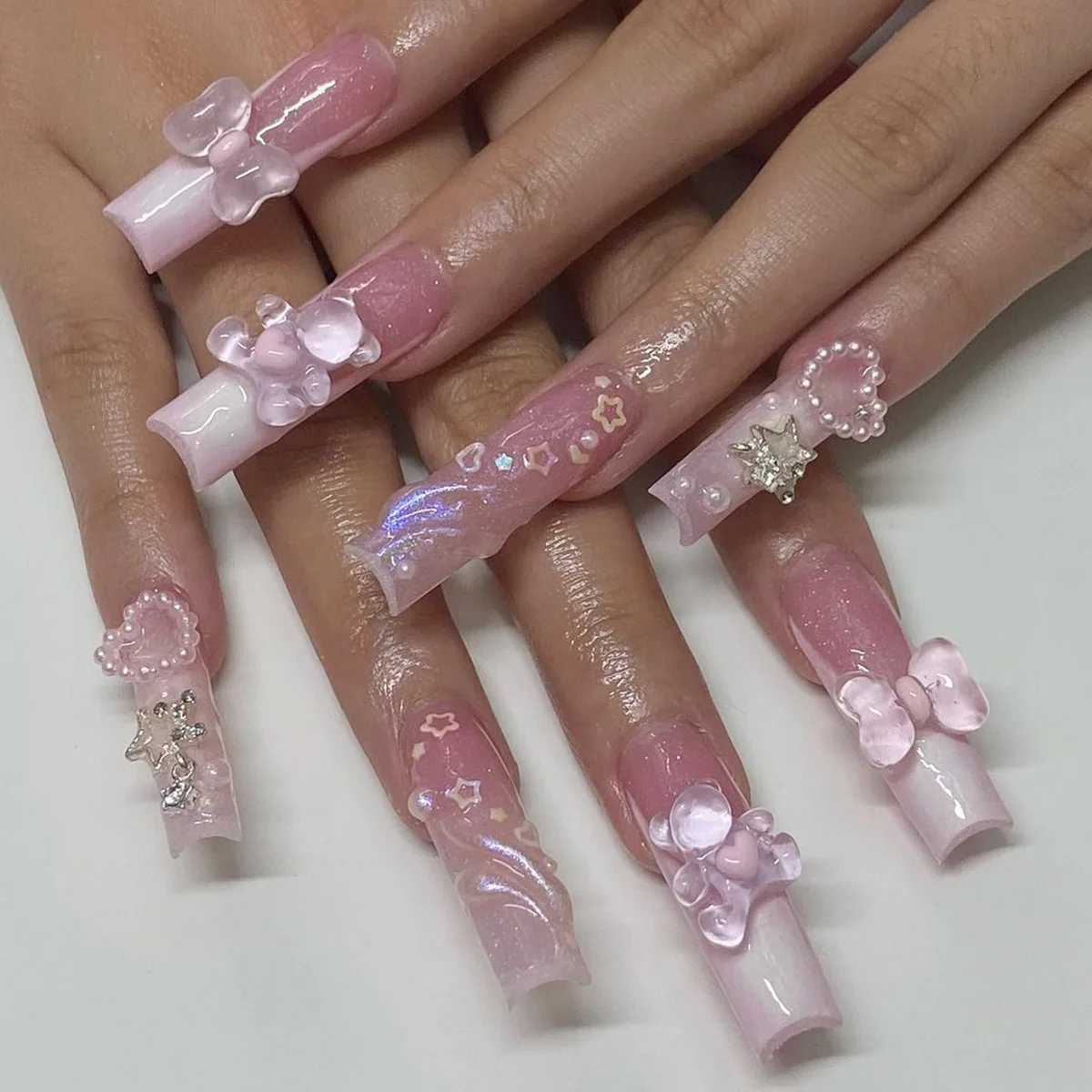24pcs Detachable XL Ballerina flower artificial nails with designs Full Cover French fake nails set press on diamond false nails