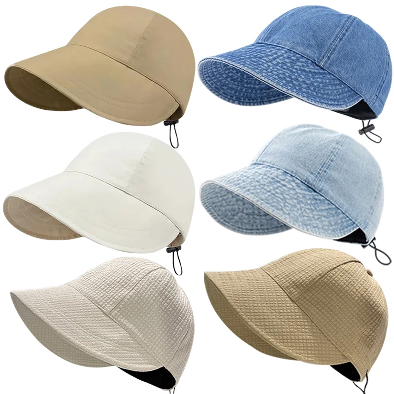 

Summer Sun Hat Foldable Wide Brim Women Bucket Hat Girl Lady UV Protection Adjustable Outdoor Beach Panama Caps Ponytail Cap