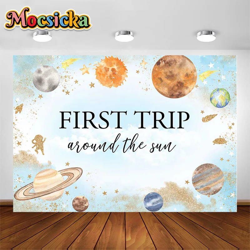 

Newborn Baby Shower Party Photography Background First Trip Around The Sun Banner Outer Space Watercolor Planets Decor Backdrop