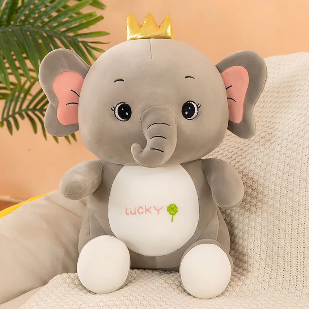 thumbnail image 1 of Elefante de peluche con corona de la suerte de 40 cm, almohada para dormir, lindo y cómodo muñeco de elefante para regalar a los niños en cumpleaños, 1 of 5