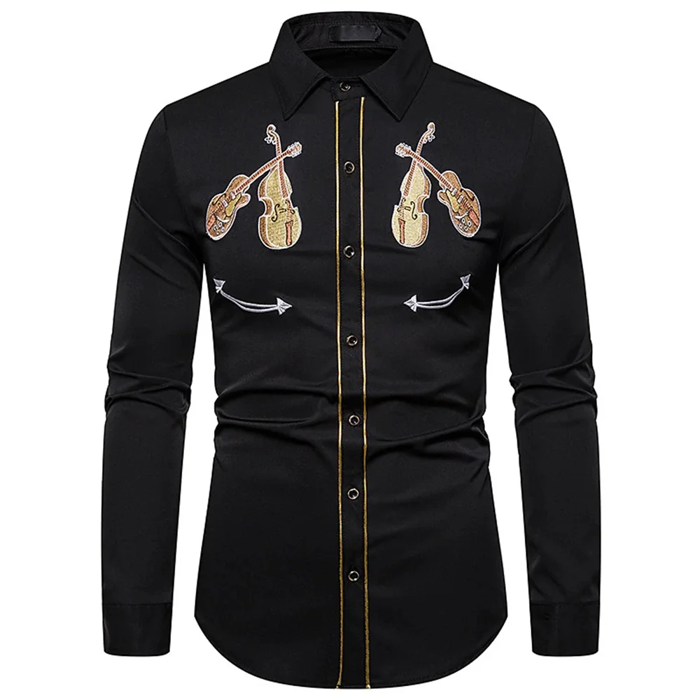 Men's Western style shirt, musical instrument pattern, street long sleeved button print, fashionable sports street clothing