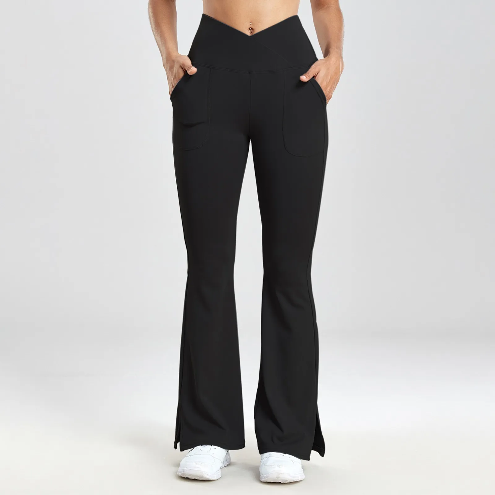 

Женские облегающие брюки телесного цвета с широкими штанинами, с приподнятыми бедрами и высокой талией, повседневные расклешенные брюки, спортивные штаны для фитнеса и йоги с низким вырезом