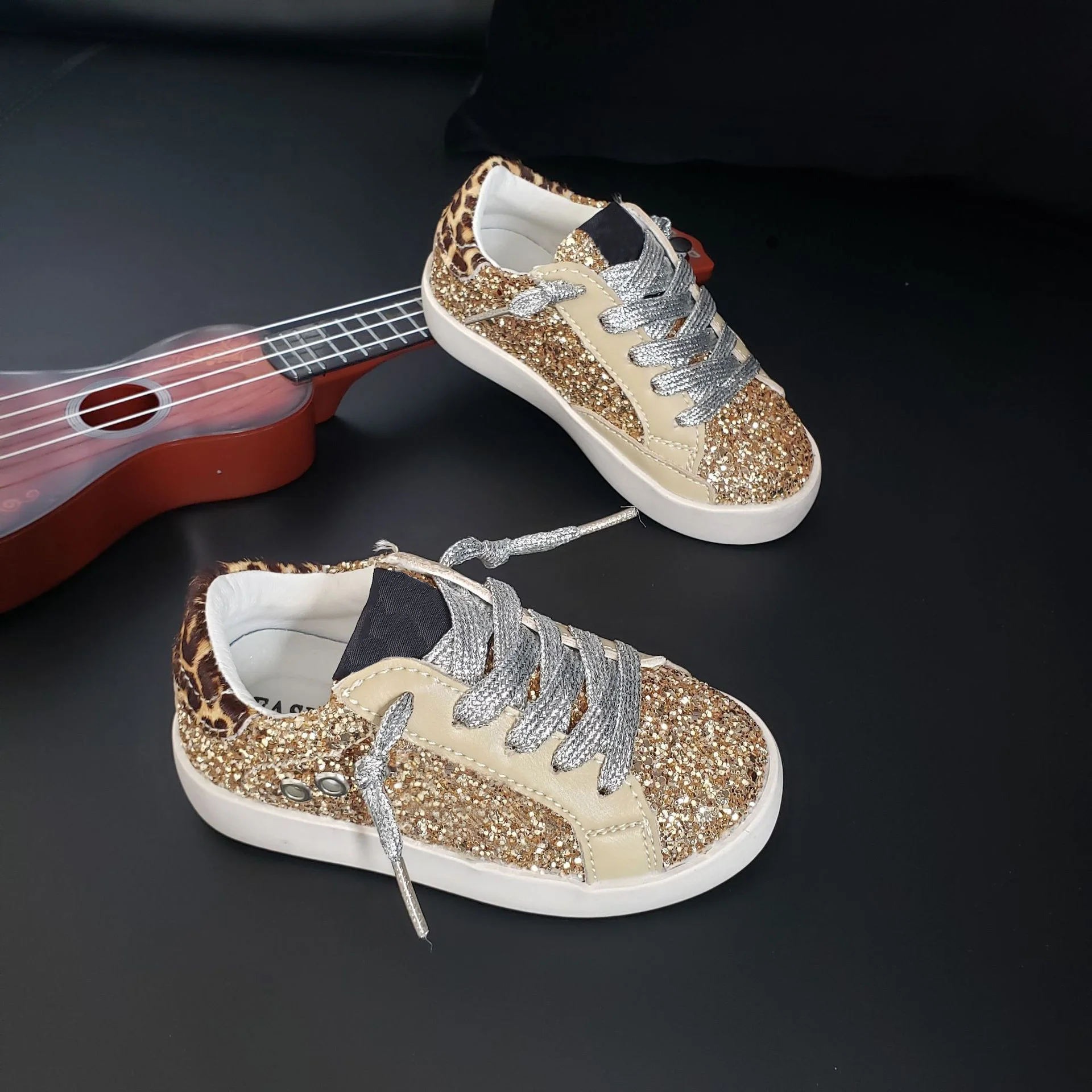 Gold Sequin Tone Sneakers Old School Leather Girl's May Glitter Leather Star Low-Top Sneakers Kids Leopard Shoes 3