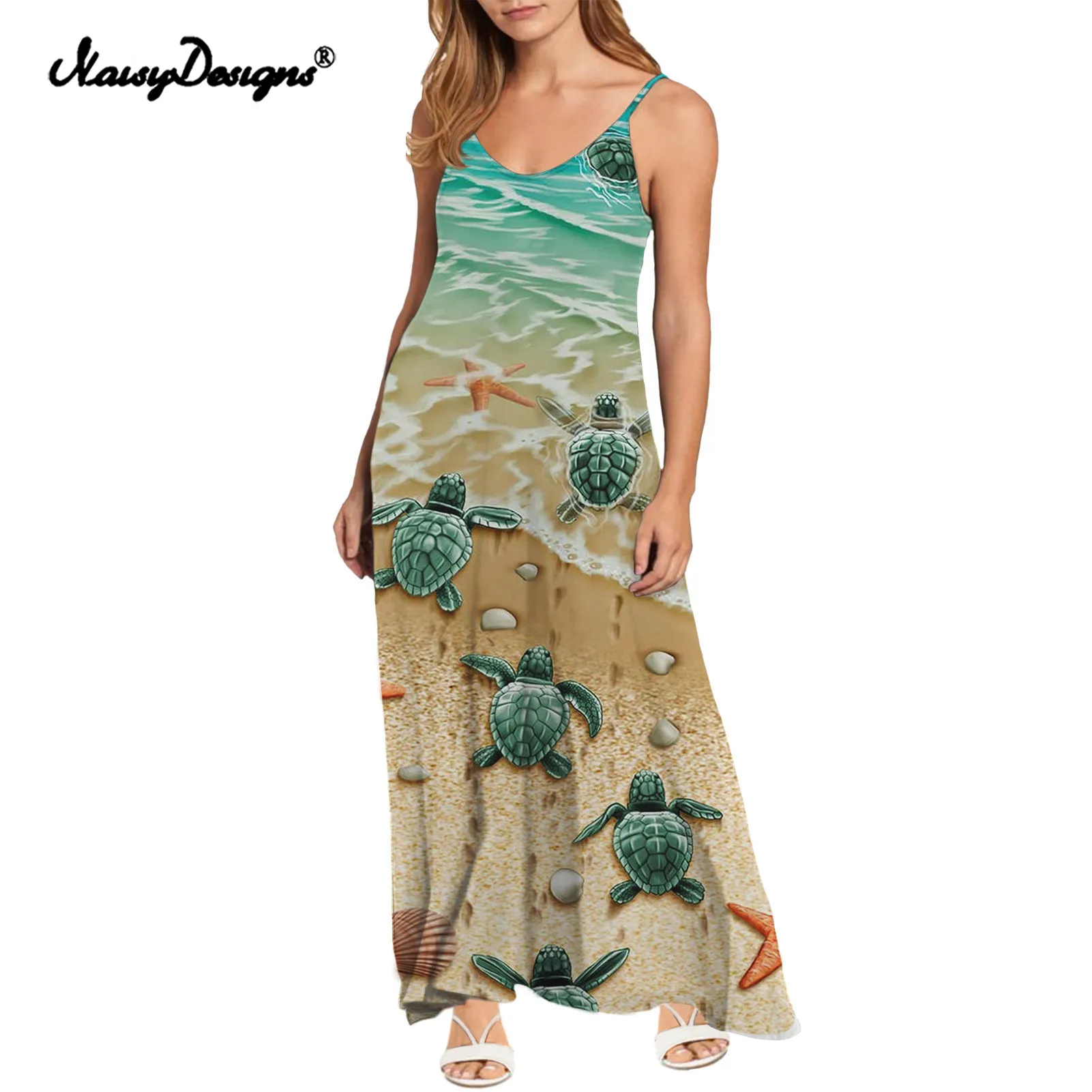 

Noisydesigns sea turtle printing sexy sling V neck dress 2022 summer new sling long dress women clothing sukienki damskie