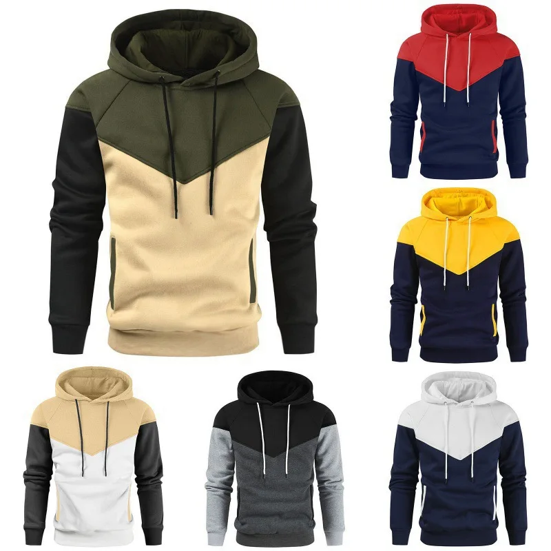 2024 Autumn/Winter New Color Block Fleece keep warm Hoodie Fashion Hip Hop Men's Color Block Sweater Casual Sports Top Men's