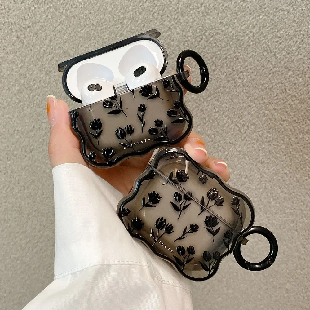 Ins Clear Black Tulip Flower Case Per Airpods 3 1 Cute Cover Trasparente Retro Rose Flowers Wave Auricolare Funda Per Airpod Pro 2