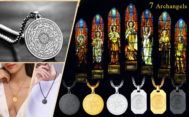 Collana Con Ciondolo 7 Arcangeli In Pietra Ossidiana Naturale - Amuleto Portafortuna