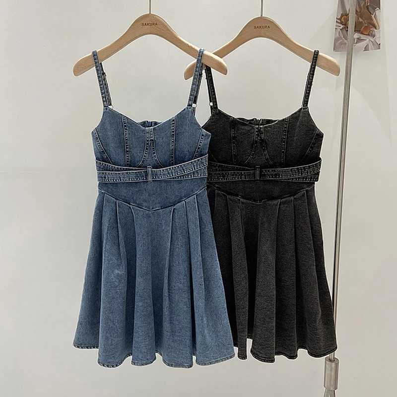 

Summer Women's Denim Slip Dresses Sexy V-neck Versatile Pleated Short Dress Korean Retro High Waist Slim Suspender Dress