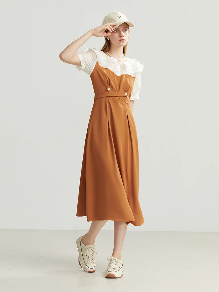 

FSLE Fake Two-piece Women Dress Summer 2022 French Style Lotus Leaf Collar Design Sense High Waist Slim Thin Female Dating Dress