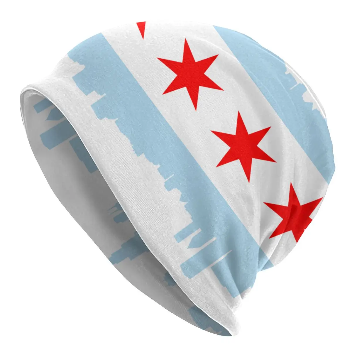 

Men Women Winter Warm Beanies City Of Chicago Flag With High Rise Buildings Scenery National Dressing Casual Soft Knitting Hat