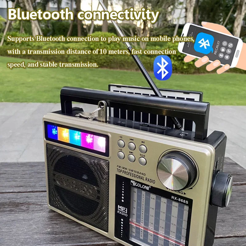 Portable Full Band Radio Stable Signal FM AM SW 1-8 Radios Receiver X-BASS Bluetooth Music Box with RGB Light TF Card USB Player