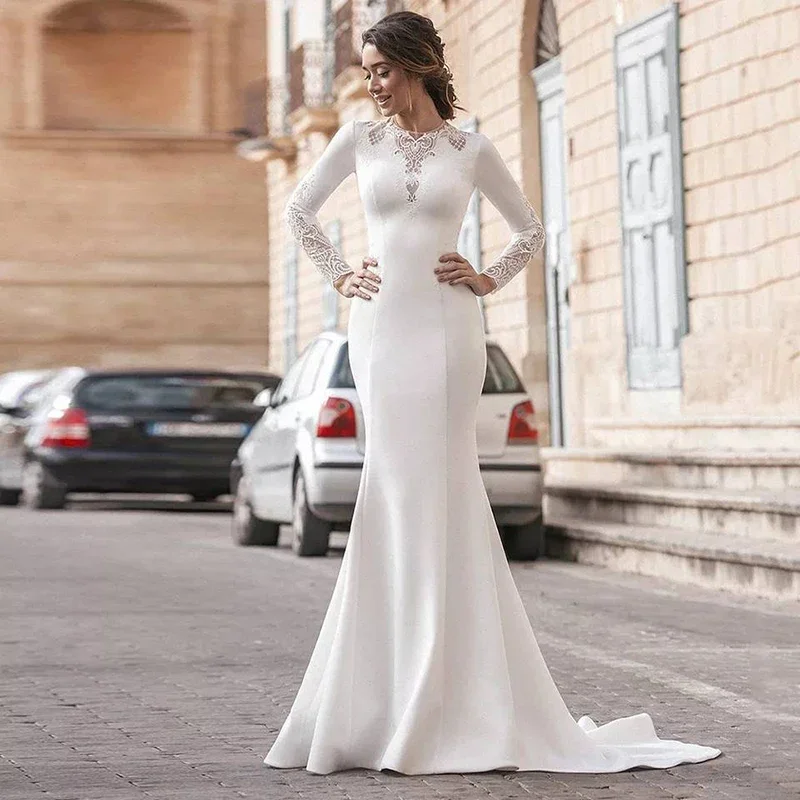 

Elegant Satin Mermaid Wedding Dresses Long Sleeves Applique Lace Bridal Gowns For Bride Muslim Sweep Train Vestido De Noiva 2024