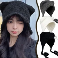 Knit Bear Ear Wool Hats Autumn Winter Women Girl Solid Color Comfortable Warm Cap Cute Outdoor Daily Gatherings Cap Fashion Gift 1