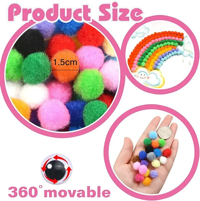 0.6 Inch Assorted Pom Poms Multi Color Fuzzy Pompoms Balls Art Supplies with Wiggle Eyes for DIY Crafts Decorations