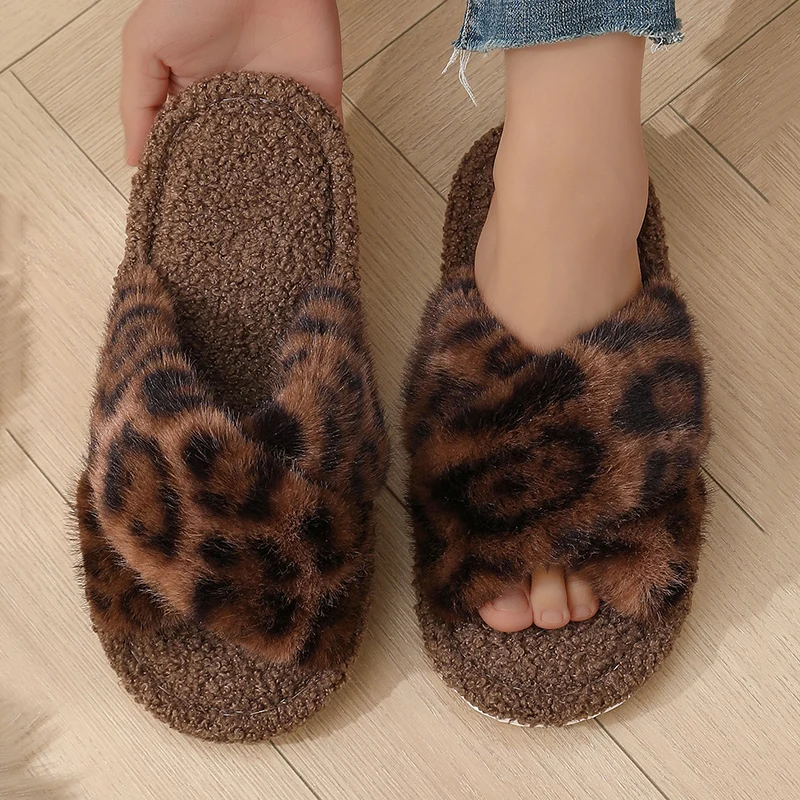 2025 New Open Toe Leopard Print Fur Slippers Women Lightweight Warm Fluffy Furry Slides Woman EVA Anti Slip Indoor Home Shoes