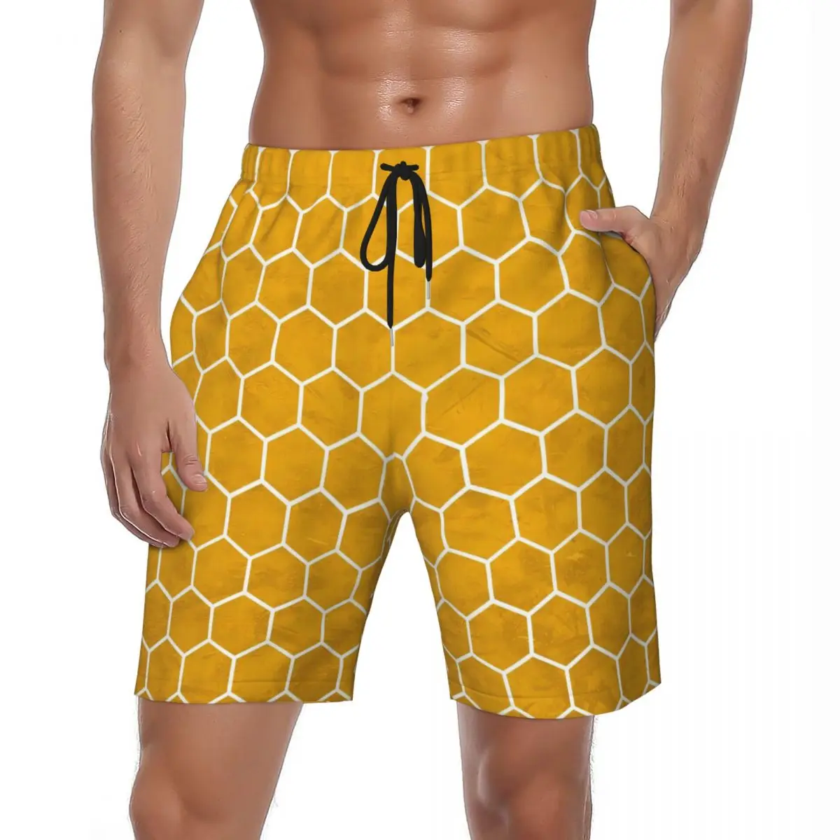 

Шорты мужские летние с шестигранным узором, классические пляжные, быстросохнущие, изготовленные на заказ, плавки для плавания «сделай сам», спортивная одежда, желтый край