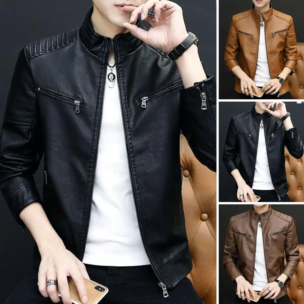 

Stand Collar Jacket Vintage Biker Coat Durable Men's Jacket for Outdoor Daily Wear Autumn Warmth Casual Style Men Jacket