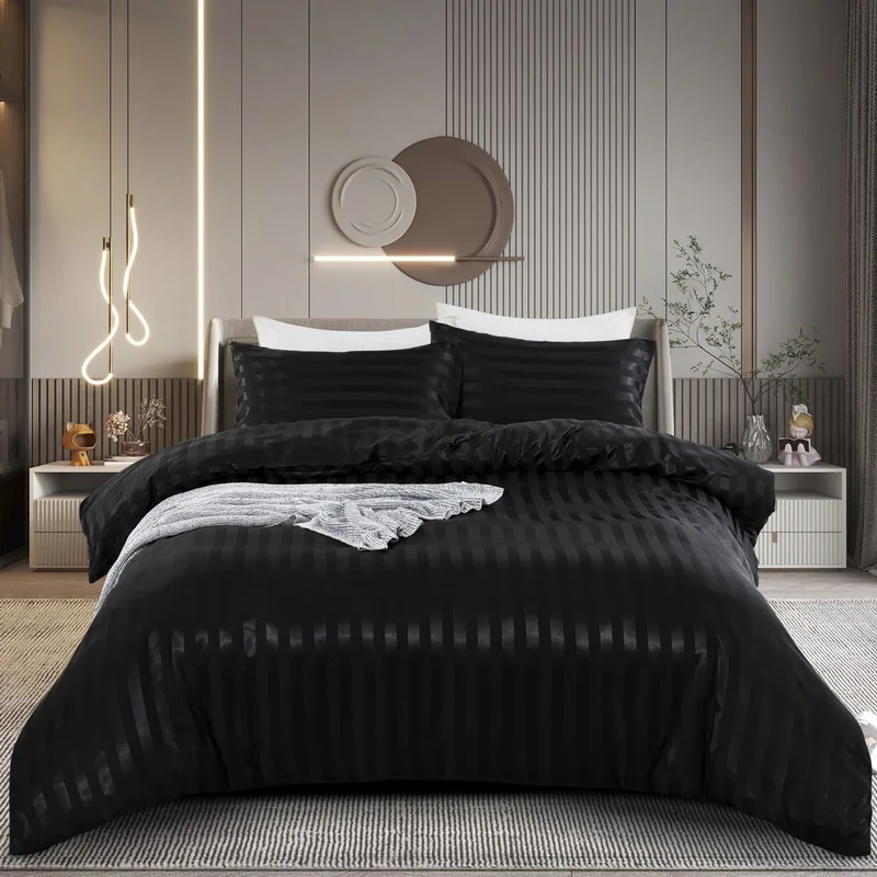 

3 Pieces Satin Striped Duvet Cover Set, Luxury Silky Like Black Stripe Duvet Cover Bedding Set with Zipper Closure,Pillow Cases