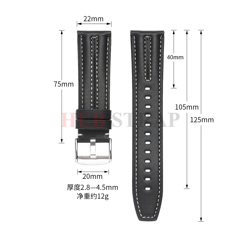 Vintage Handmade Leather Watch Band - Premium Cowhide Strap with Stylish Stitching, 22mm