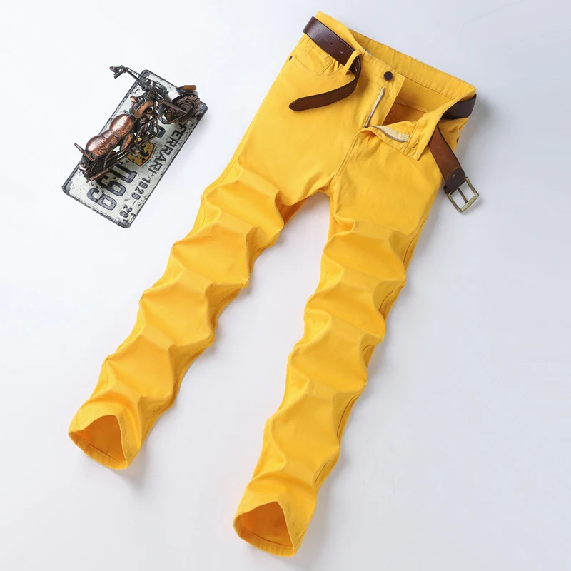 Yellow Men's Straight Jeans New Design Denim Male Long Pants Elastic Fashion Korean Youth Party Hip Hop Trousers Streetwear 2