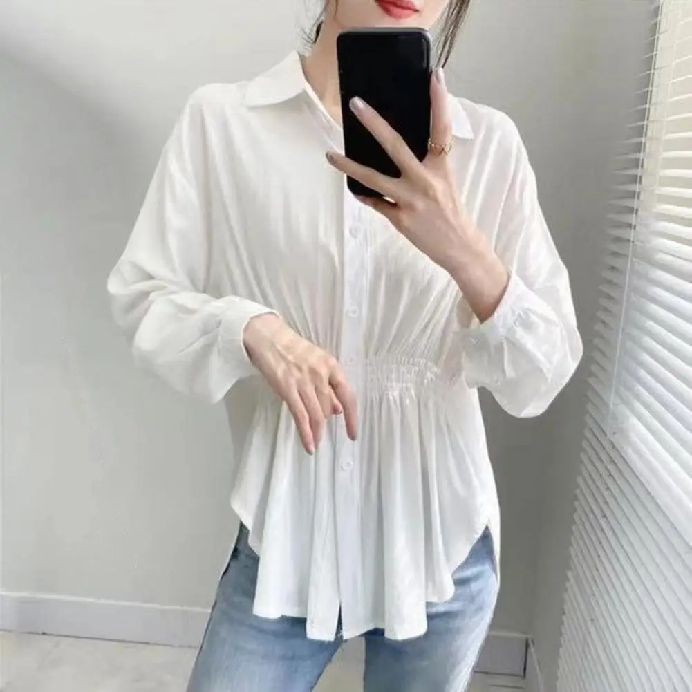 

Дышащая женская элегантная офисная рубашка с отложным воротником и рукавом до локтя, однотонная летняя легкая женская рубашка с эластичным поясом