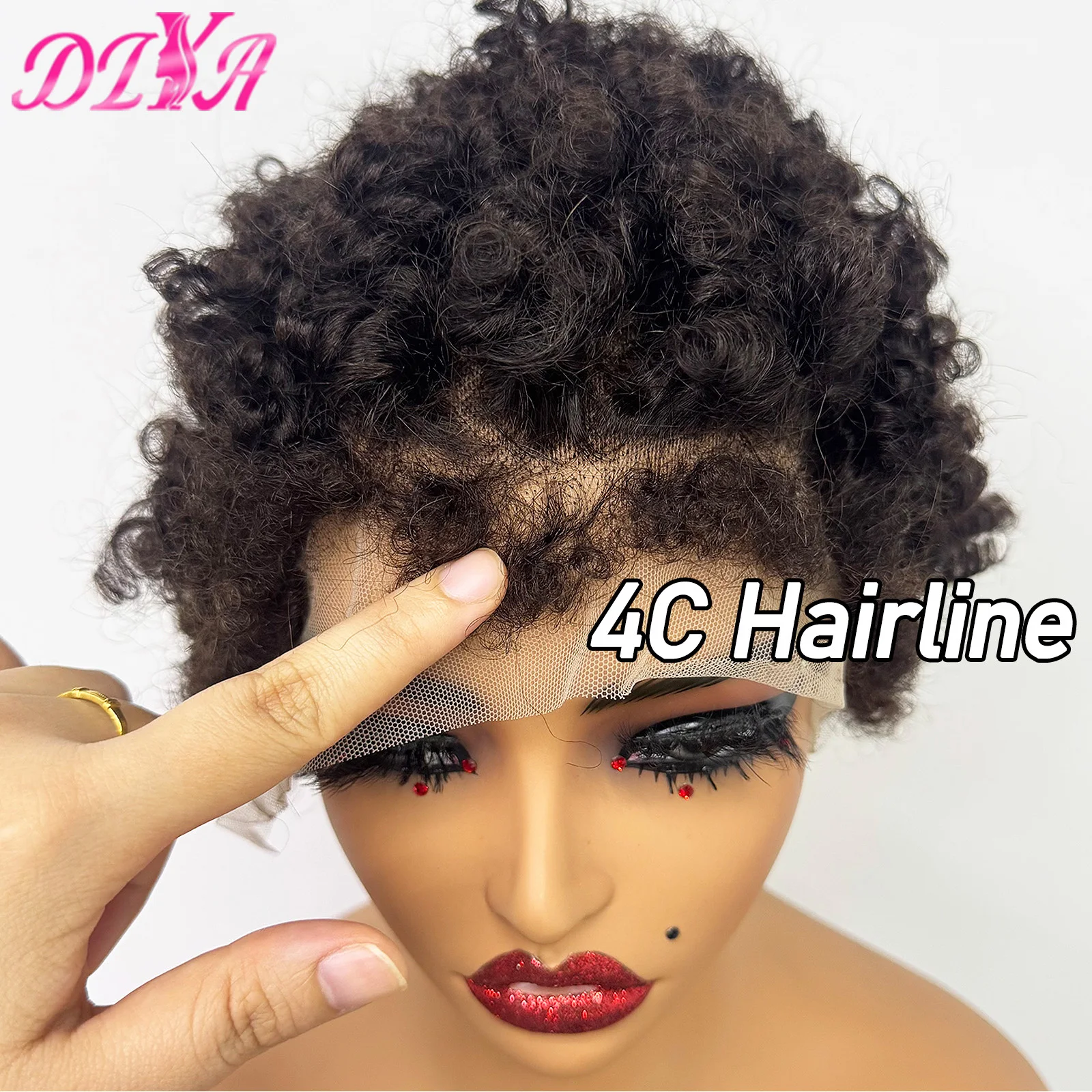 T1B/30 Colored 4C Hairline Afro Kinky Curly Short Human Hair Wigs 13x4 Lace Frontal Edges Afro Kinky Curly Hair Wig for Women 4