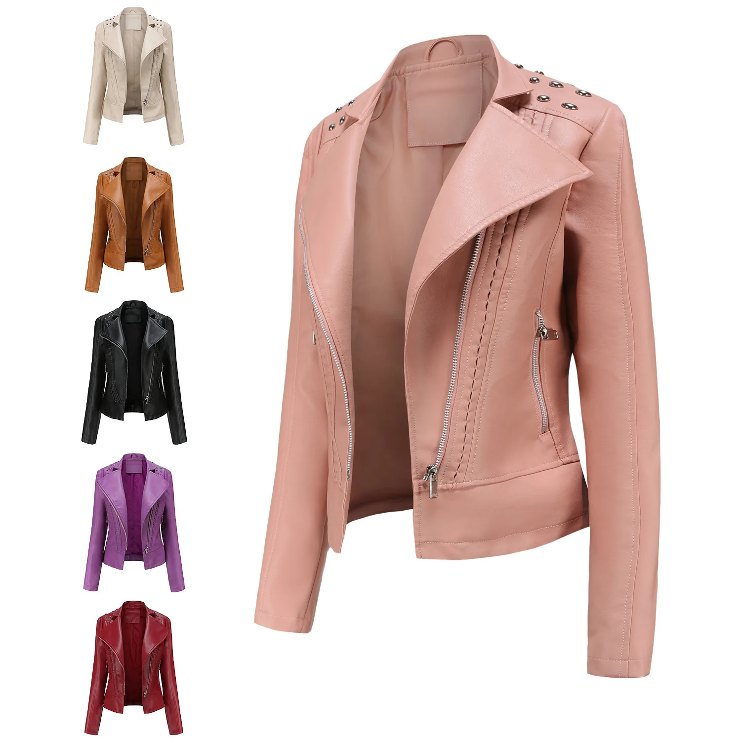 

Women's Beaded Leather Long Sleeve Fashion Jacket Polo Neck Motorcycle Wear Thin Spring And Autumn Women's Jacket