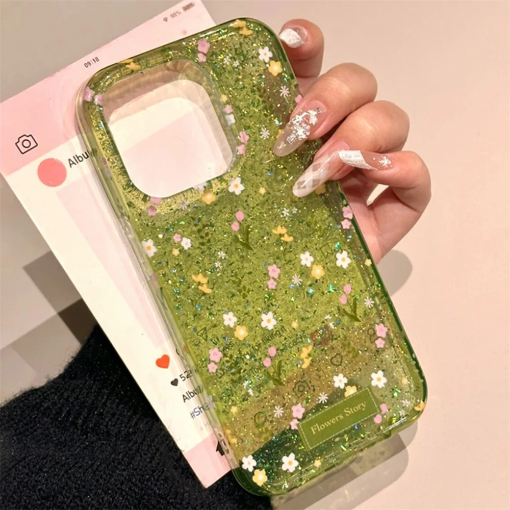 Chic Spring Floral Glitter Phone Case - Lovely Sequined Flower Shockproof Soft Cover