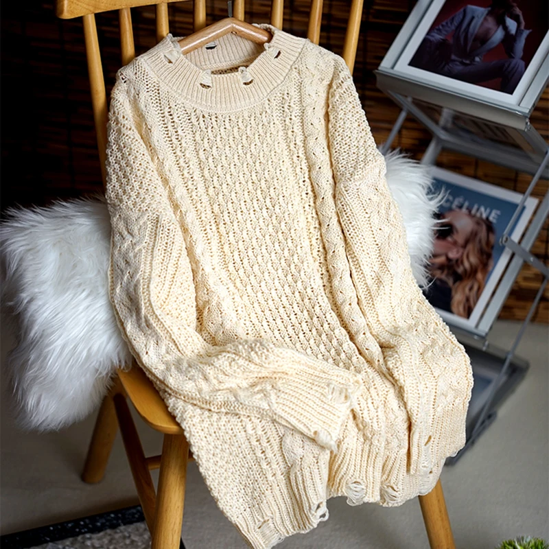 

Plus Size Hollow Lazy Style Jumpers Sweater Women's 2024 New Autumn Hole Long O-Neck Pullover Sweater Knitwears Top Female Y2K