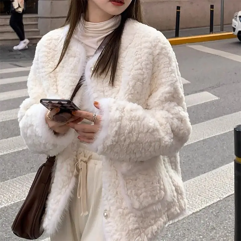 

Trendy Faux Rabbit Fur Coat Women Autumn Winter Warm Thickened Overcoat Office Lady Korean O Neck Single Breasted Plush Coats