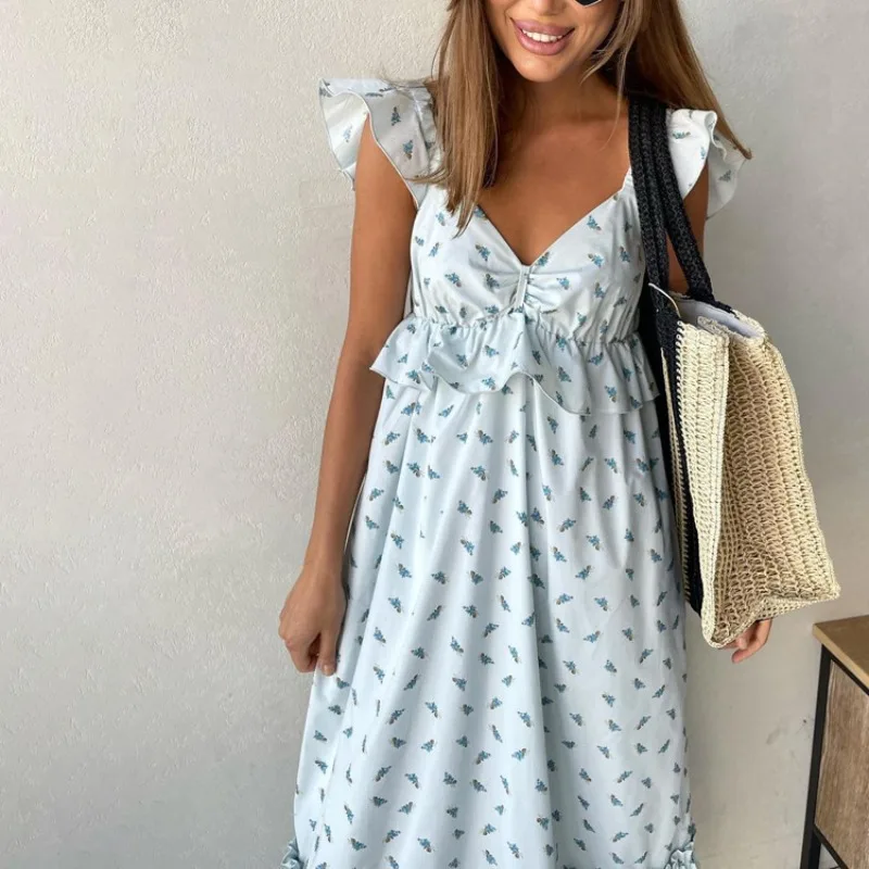 

Women Sexy Loose Print Summer Dress Lady Fashion V-Neck Sleeveless Ankle-Length Dress Elegant Holiday Ruffle Dresses