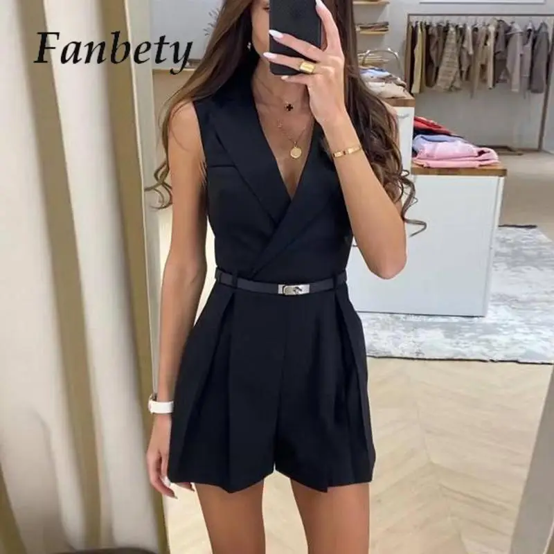 

Commute Summer Sleeveless Shorts One Piece Overall Chic Women Solid 2024 Romper Office Fashion Lapel V-Neck Slim Long Jumpsuit