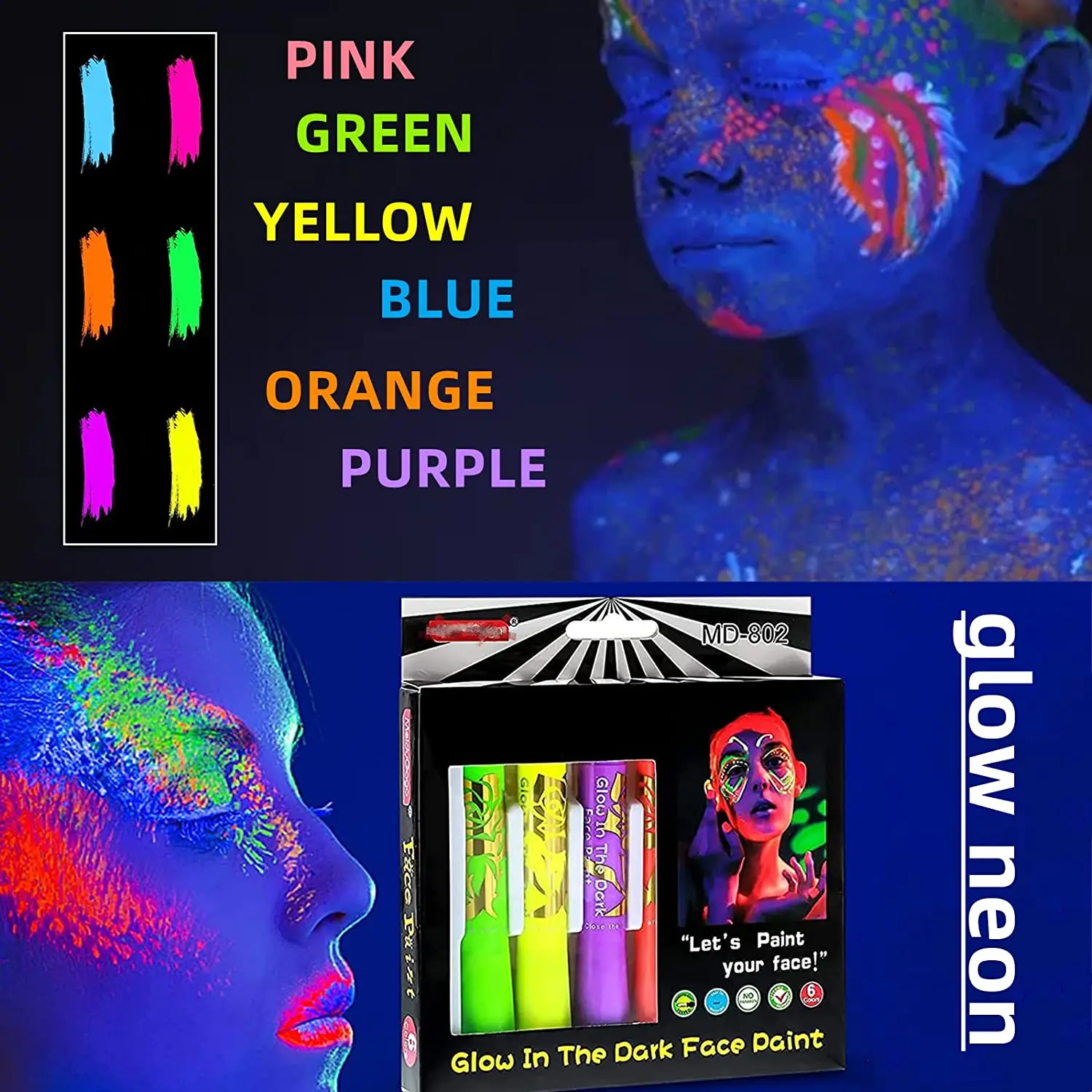 Kit de pintura facial con luz negra UV que brilla en la oscuridad