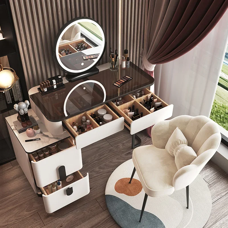 

Corner Multifunction Dressing Table Luxury Wood Mobile Mirror Led White Drawer Dresser Tocador Maquillaje Bedroom Furniture