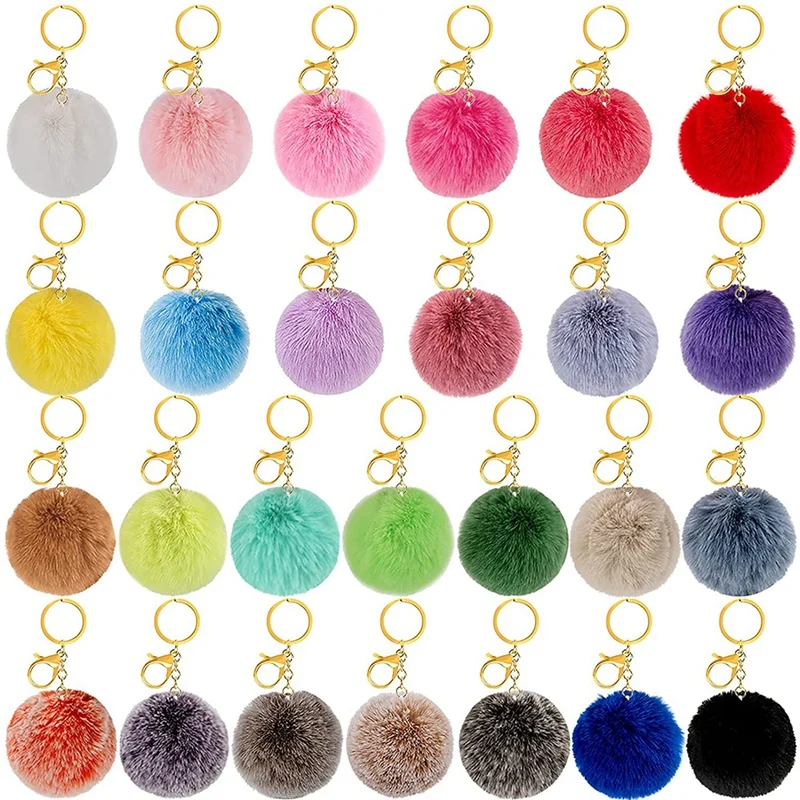 26Pcs Pom Poms Keychains Rabbit Faux Fur Pom Poms Balls Keychain Fluffy