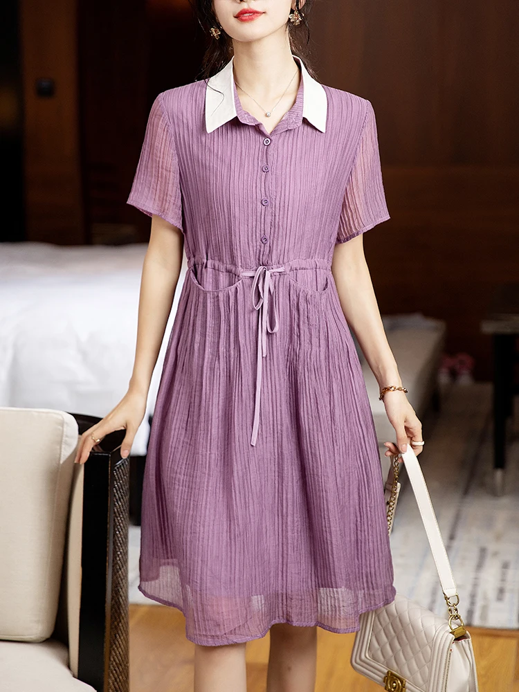 

Summer Purple Maternity Chiffon Dress Korean Style Short Sleeve Turn-down Collar Drawstring Waist Pregnant Woman Pleated Dress