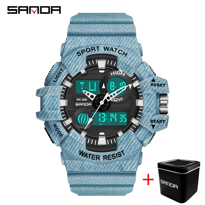 SANDA Dual Displa Quartz Digital Watch Male Clock Multifunction Waterproof Military Army Cowboy Men Sports Watches Montre Homme 3 8cm pure cowhide high quality genuine leather belts for men carve strap male brass buckle fancy vintage jeans cowboy cintos