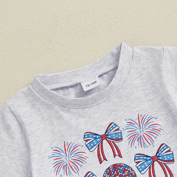 Girls Independence Day Skirt Set with Short Sleeve Bow Letter Print Tops and A-line Tulle Skirt for 4th of July 4